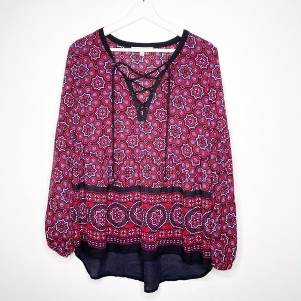 DANIEL RAINN Floral Bell Sleeve Lace Up Blouse